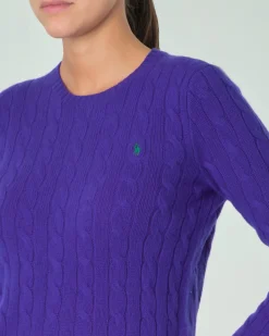 Maglia girocollo viola in lana e cashmere a trecce con logo ricamato