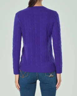 Maglia girocollo viola in lana e cashmere a trecce con logo ricamato