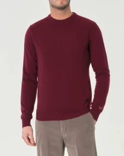 Maglia girocollo Woolrich bordeaux in lambswool di pura lana con logo ricamato sul polso