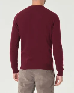 Maglia girocollo Woolrich bordeaux in lambswool di pura lana con logo ricamato sul polso