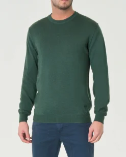 Maglia girocollo Woolrich verde pino in pura lana merino con logo ricamato in tono sul fondo