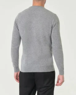 Maglia girocollo Woolrich grigio chiaro in lambswool di pura lana con logo ricamato sul polso