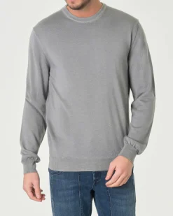 Maglia girocollo Woolrich grigio chiaro in pura lana merino con logo ricamato in tono sul fondo
