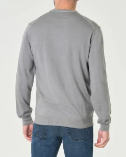 Maglia girocollo Woolrich grigio chiaro in pura lana merino con logo ricamato in tono sul fondo