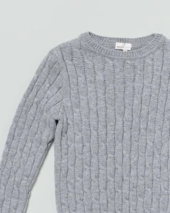 Maglia grigia girocollo in pura lana con lavorazione a trecce