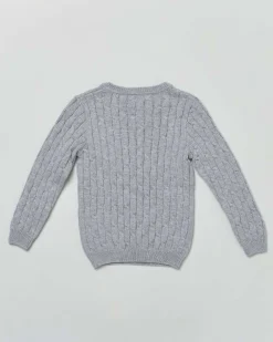 Maglia grigia girocollo in pura lana con lavorazione a trecce