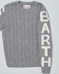 Maglia grigia MC2 Saint Barth in misto lana e cashmere a trecce con logo lungo le maniche