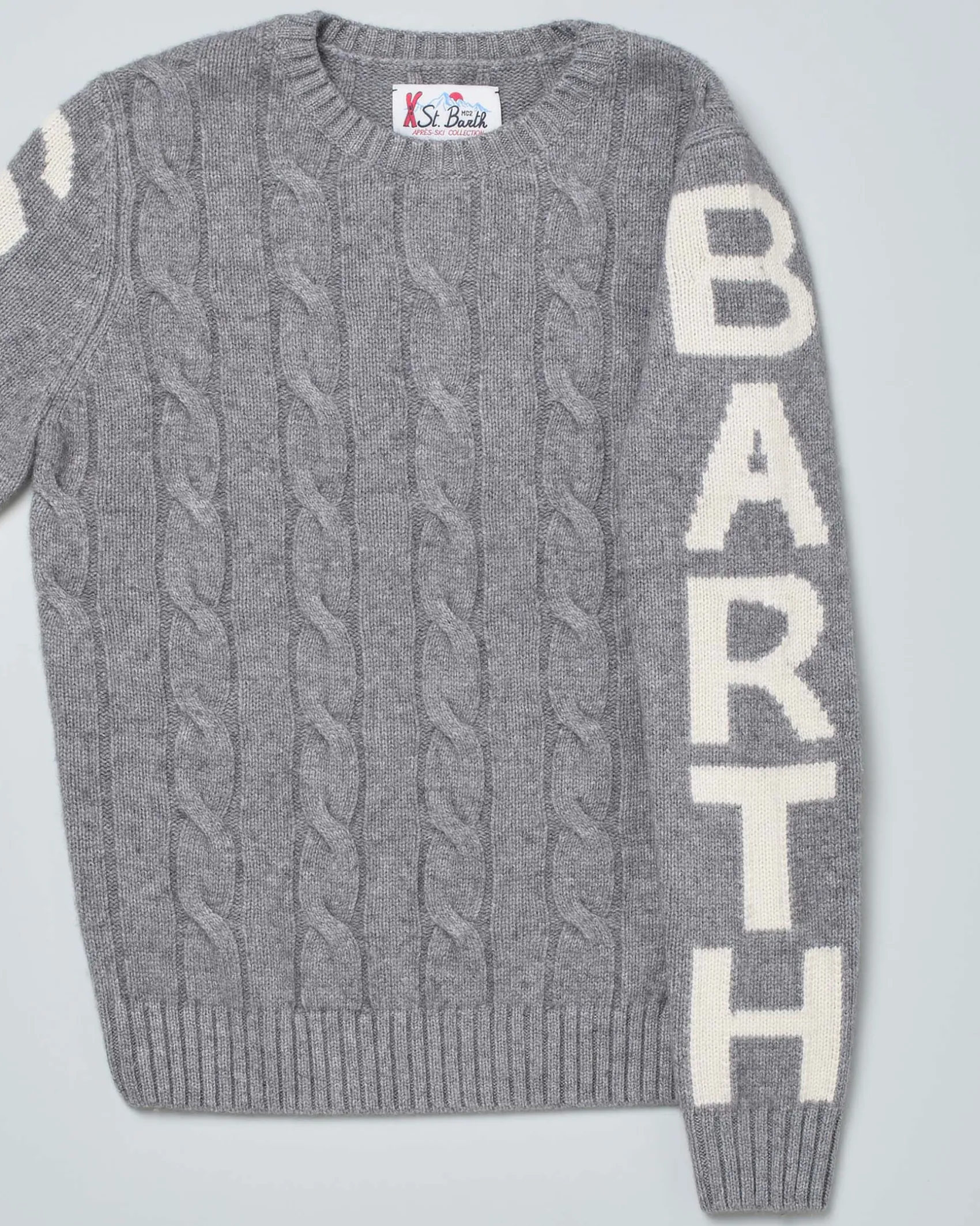 Maglia grigia MC2 Saint Barth in misto lana e cashmere a trecce con logo lungo le maniche