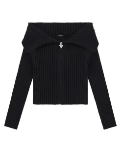 Maglia Guess nera a maniche lunghe con zip e maxi scollo risvoltato
