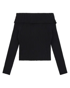 Maglia Guess nera a maniche lunghe con zip e maxi scollo risvoltato