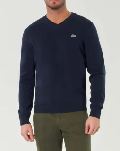 Maglia Lacoste blu scollo a V regular-fit in cotone con logo ricamato sul petto