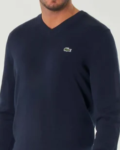 Maglia Lacoste blu scollo a V regular-fit in cotone con logo ricamato sul petto
