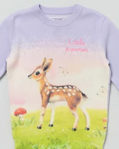 Maglia lilla MC2 Saint Barth girocollo in misto lana e cashmere con grafica bambi e scritta Little Dreamer