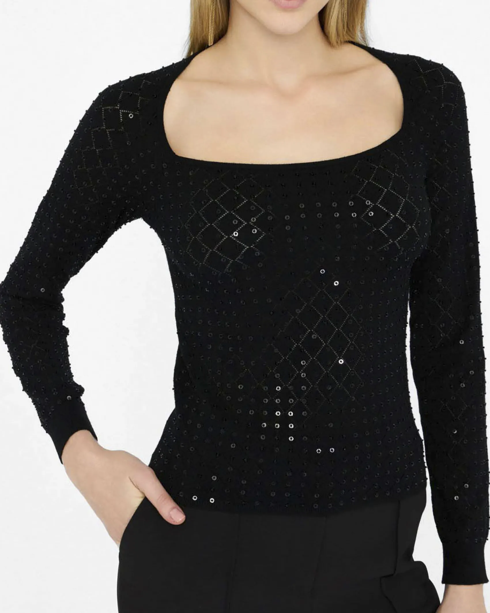 Maglia Liu Jo nera viscosa rombi in rilievo e paillettes