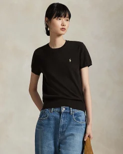 Maglia maniche corte color testa di moro Polo Ralph Lauren in cotone rasato con scollo a giro e logo ricamato a contrasto