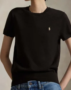Maglia maniche corte color testa di moro Polo Ralph Lauren in cotone rasato con scollo a giro e logo ricamato a contrasto