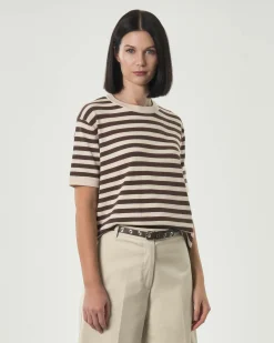Maglia maniche corte Hlo! a righe color avorio e marrone in viscosa
