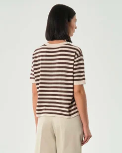 Maglia maniche corte Hlo! a righe color avorio e marrone in viscosa