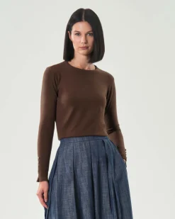 Maglia marrone Hlo! in misto viscosa con polsini alti lavorati a costine con bottoncini in metallo satinato