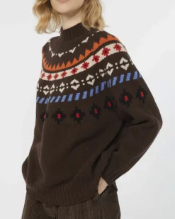 Maglia marrone in pura lana Weekend Max Mara con collo in piedi a coste e motivo jacquarda multcolore sulle spalle