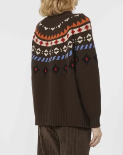 Maglia marrone in pura lana Weekend Max Mara con collo in piedi a coste e motivo jacquarda multcolore sulle spalle