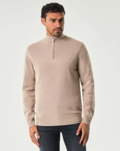 Maglia MC2 Saint Barth beige in lambswool di pura lana con apertura a mezza zip