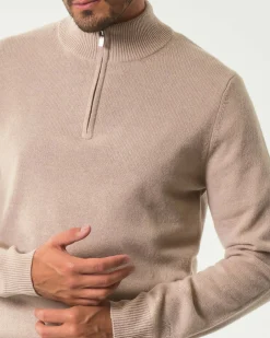 Maglia MC2 Saint Barth beige in lambswool di pura lana con apertura a mezza zip