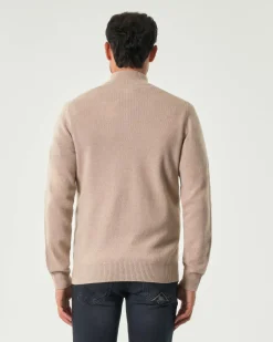 Maglia MC2 Saint Barth beige in lambswool di pura lana con apertura a mezza zip