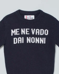 Maglia MC2 Saint Barth blu in misto lana e cashmere con scritta 'Me Ne Vado Dai Nonni'