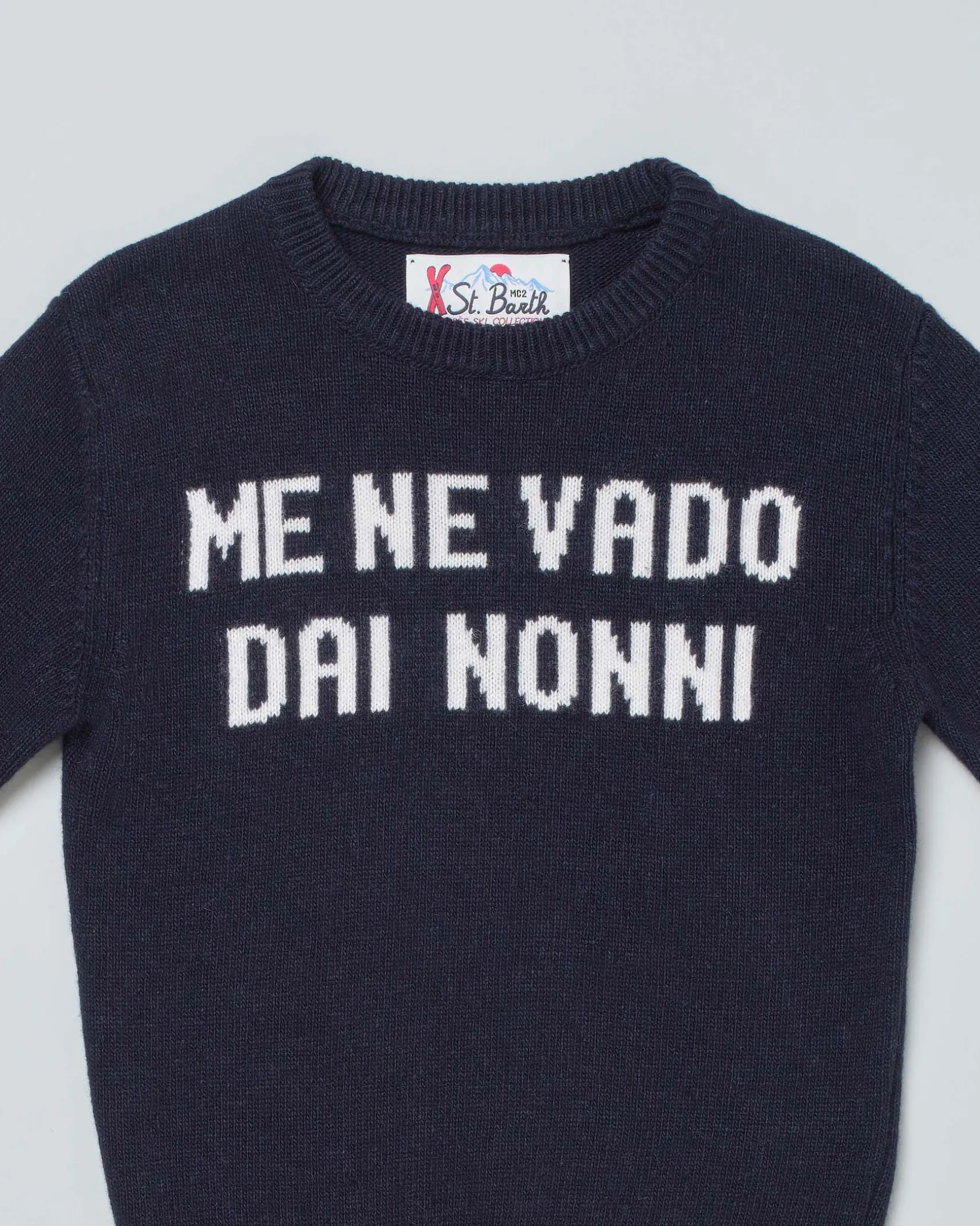 Maglia MC2 Saint Barth blu in misto lana e cashmere con scritta 'Me Ne Vado Dai Nonni'