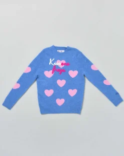 Maglia MC2 Saint Barth celeste girocollo con cuori jacquard rosa e scritta Kissene Frega