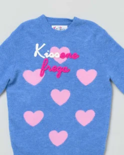 Maglia MC2 Saint Barth celeste girocollo con cuori jacquard rosa e scritta Kissene Frega