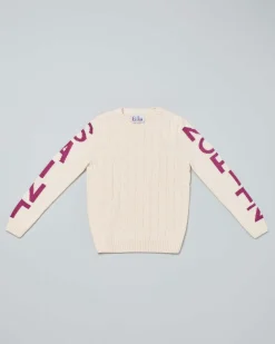Maglia MC2 Saint Barth color panna in misto lana e cashmere con maxi scritta Saint Moritz sulle maniche