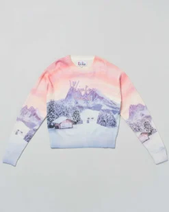 Maglia MC2 Saint Barth girocollo multicolor in misto lana e cashmere con grafica chalet di montagna e scritta Winter Mood