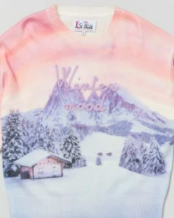 Maglia MC2 Saint Barth girocollo multicolor in misto lana e cashmere con grafica chalet di montagna e scritta Winter Mood
