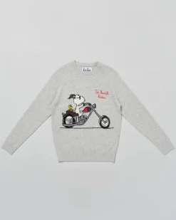 Maglia MC2 Saint Barth grigia in misto lana e cashmere con Snoopy su moto e scritta St.Barth Rider