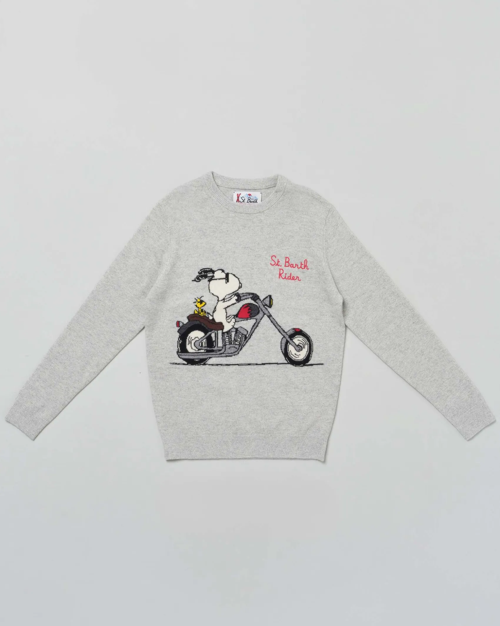 Maglia MC2 Saint Barth grigia in misto lana e cashmere con Snoopy su moto e scritta St.Barth Rider