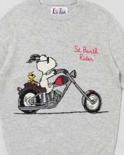 Maglia MC2 Saint Barth grigia in misto lana e cashmere con Snoopy su moto e scritta St.Barth Rider