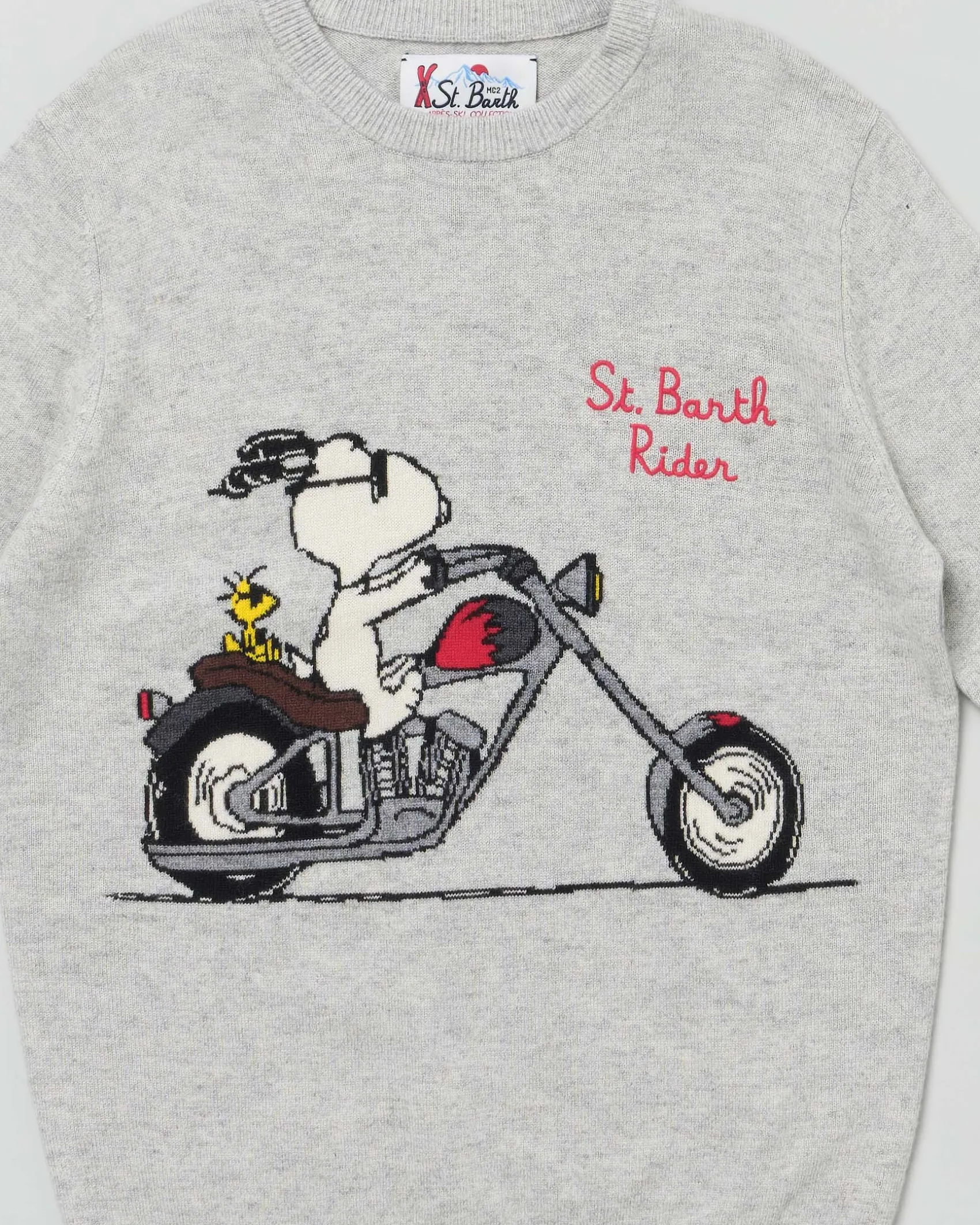 Maglia MC2 Saint Barth grigia in misto lana e cashmere con Snoopy su moto e scritta St.Barth Rider