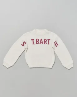 Maglia MC2 Saint Barth panna in misto alpaca con scritta rosa glitterata
