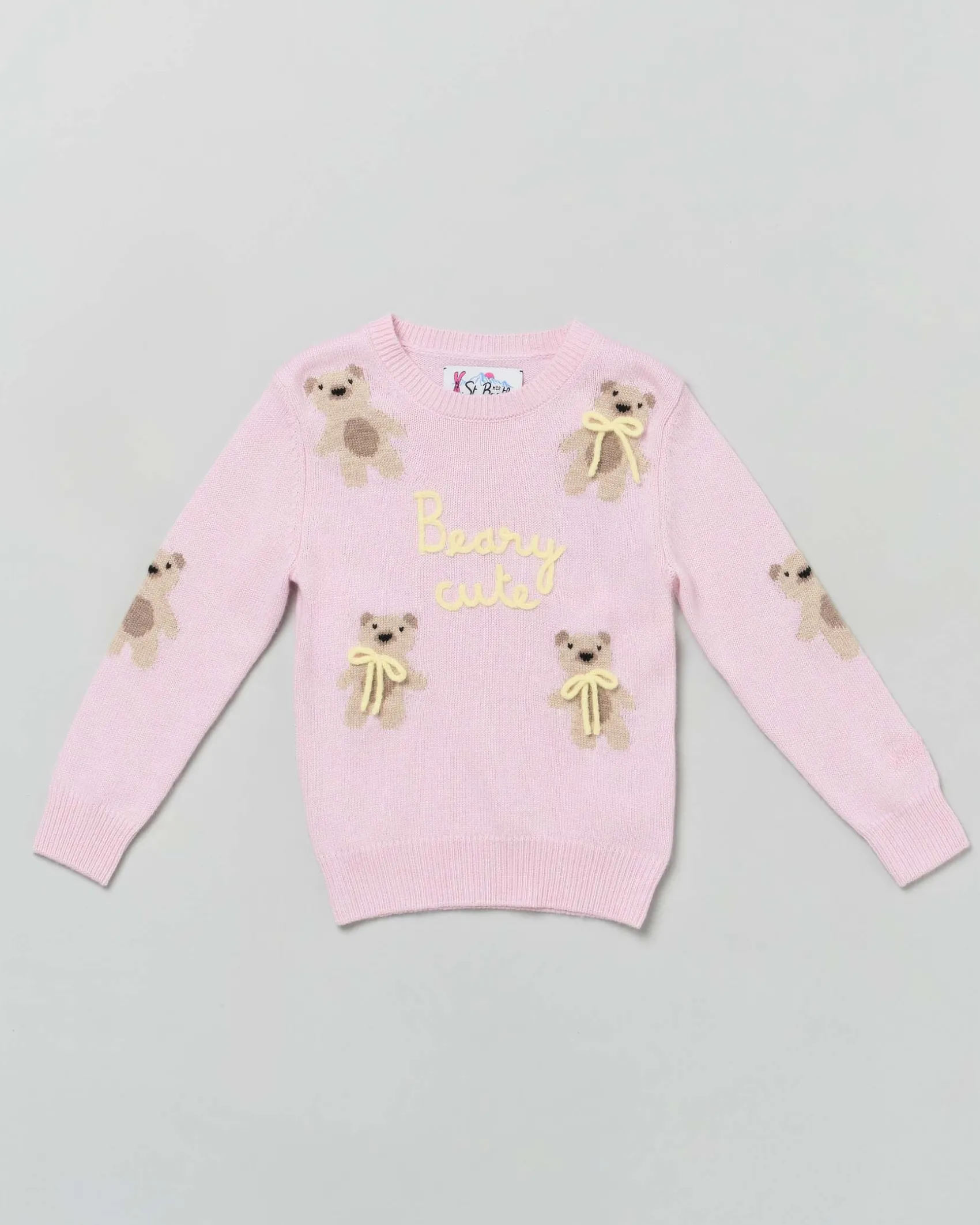 Maglia MC2 Saint Barth rosa in misto lana e cashmere con orsetti, scritta Beary Cute e fiocchi