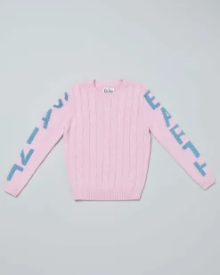 Maglia MC2 Saint Barth rosa in misto lana e cashmere a trecce con maxi scritta logo azzurra sulle maniche