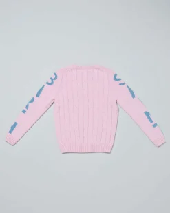 Maglia MC2 Saint Barth rosa in misto lana e cashmere a trecce con maxi scritta logo azzurra sulle maniche