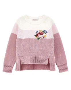 Maglia Monnalisa a fantasia rigata rosa in misto lana stretch con ricamo bouquet