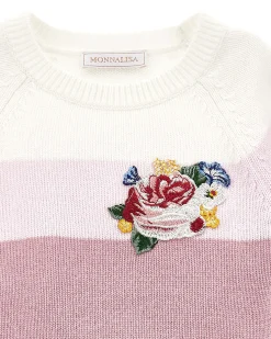 Maglia Monnalisa a fantasia rigata rosa in misto lana stretch con ricamo bouquet