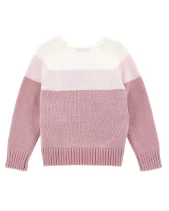 Maglia Monnalisa a fantasia rigata rosa in misto lana stretch con ricamo bouquet