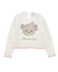 Maglia Monnalisa bianca in misto lana e viscosa con orsetta strass