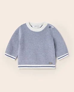 Maglia mouliné in puro cotone bianca e blu a righe sottili con scollo a giro 6-18 mesi