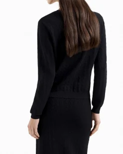 Maglia nera Armani Exchange in misto viscosa a motivo logo jacquard tono su tono