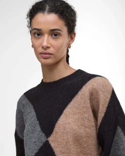 Maglia nera Babour in misto lana a motivo a rombi grigi e color cammello con scollo tondo